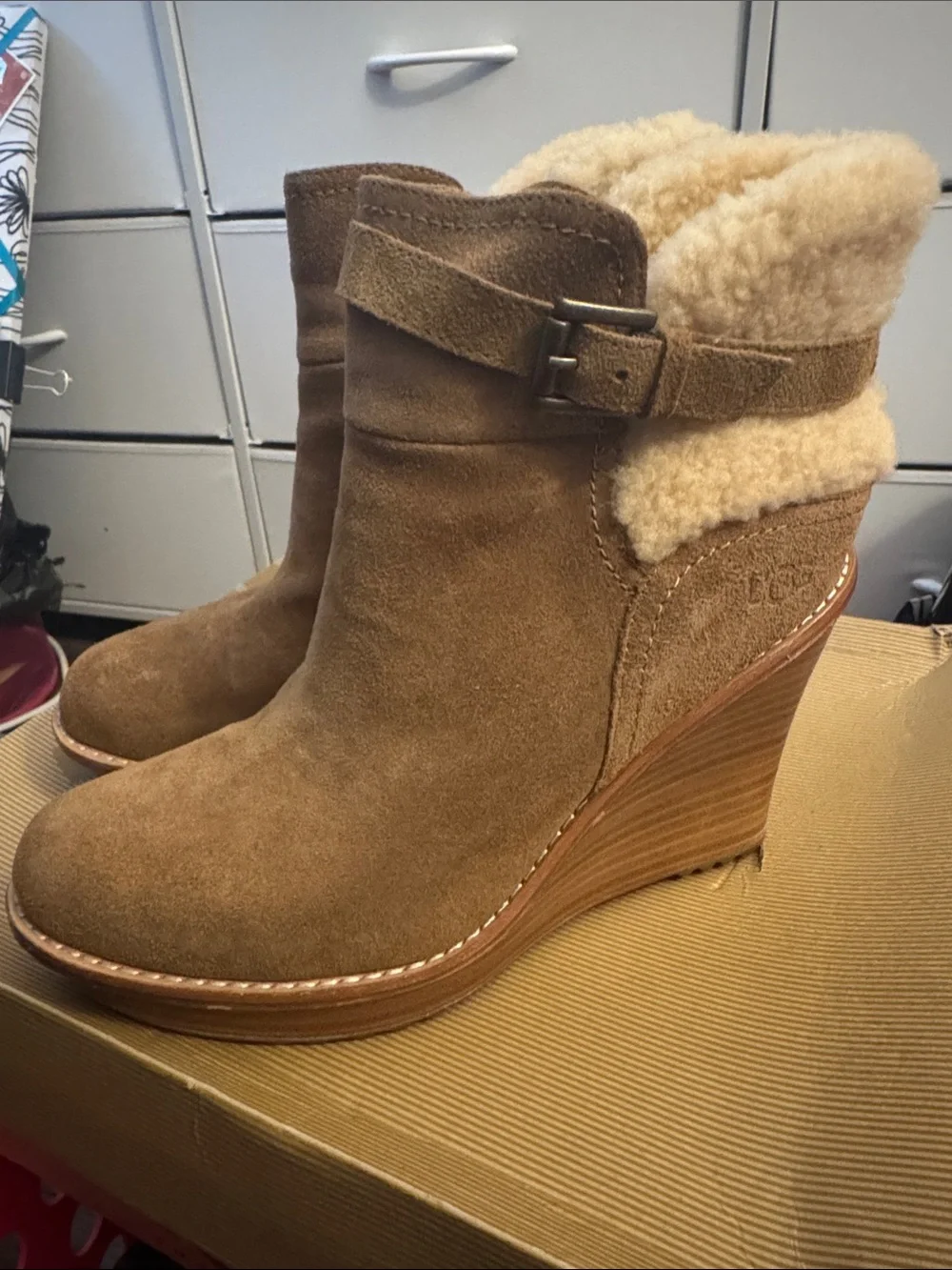 UGG Chestnut Suede Wedge Boot with Shearling Cuff
